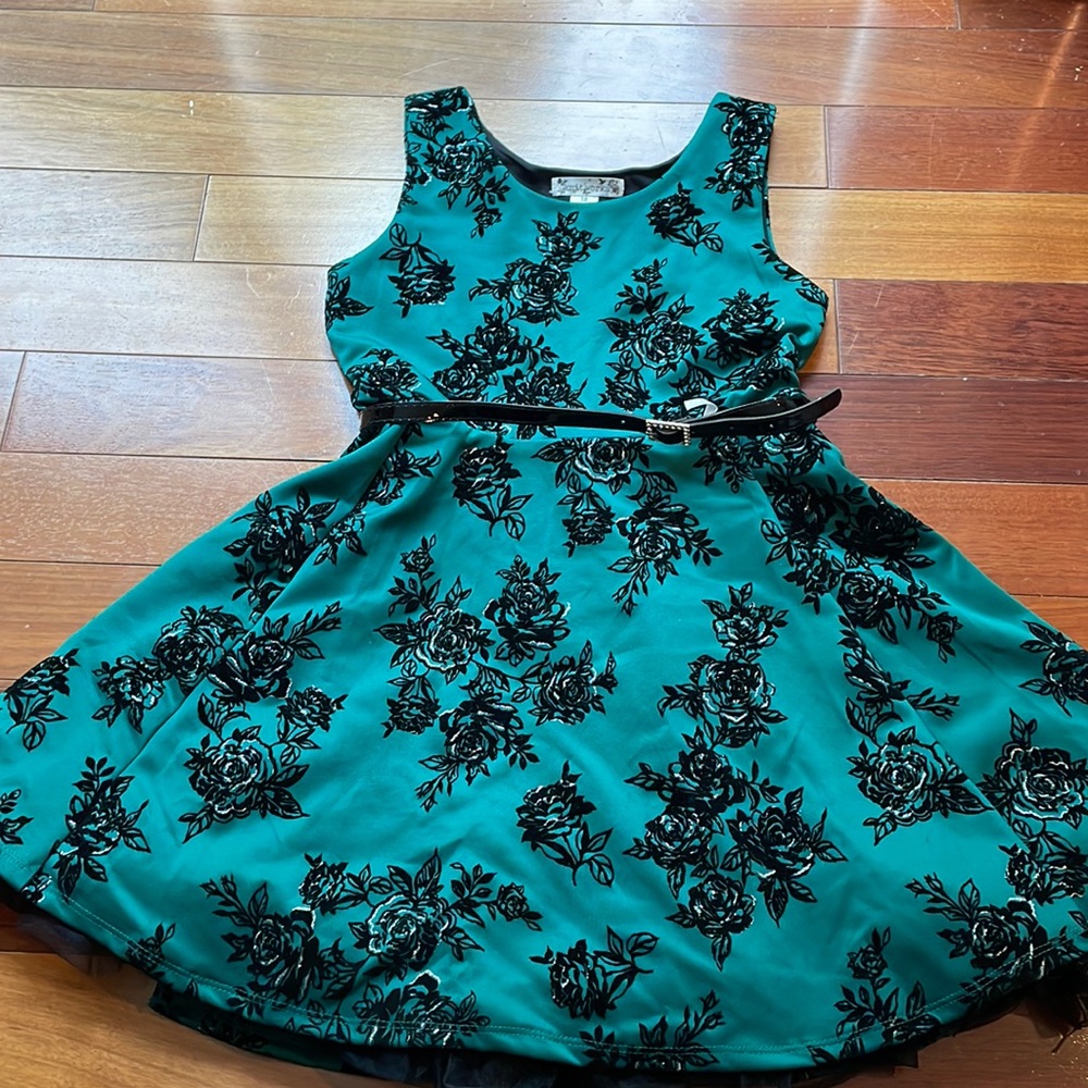 Girls green formal sleeveless dress with black velvet roses and belt. Size 12